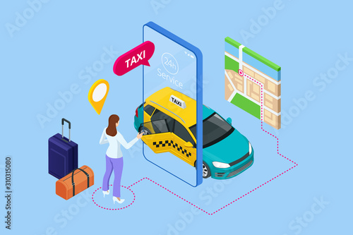 Isometric Ordering Online Taxi and Call a taxi online, mobile application concept for landing page. Street traffic, parking, city transport, GPS route point pins on smartphone and touchscreen