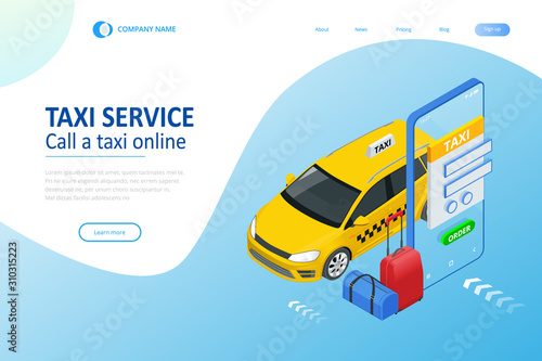 Isometric Ordering Online Taxi and Call a taxi online, mobile application concept for landing page. Street traffic, parking, city transport, GPS route point pins on smartphone and touchscreen