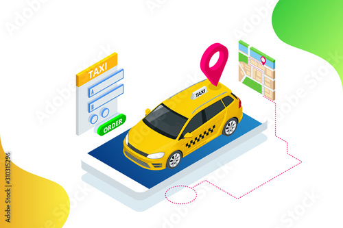 Isometric Ordering Online Taxi and Call a taxi online, mobile application concept for landing page. Street traffic, parking, city transport, GPS route point pins on smartphone and touchscreen