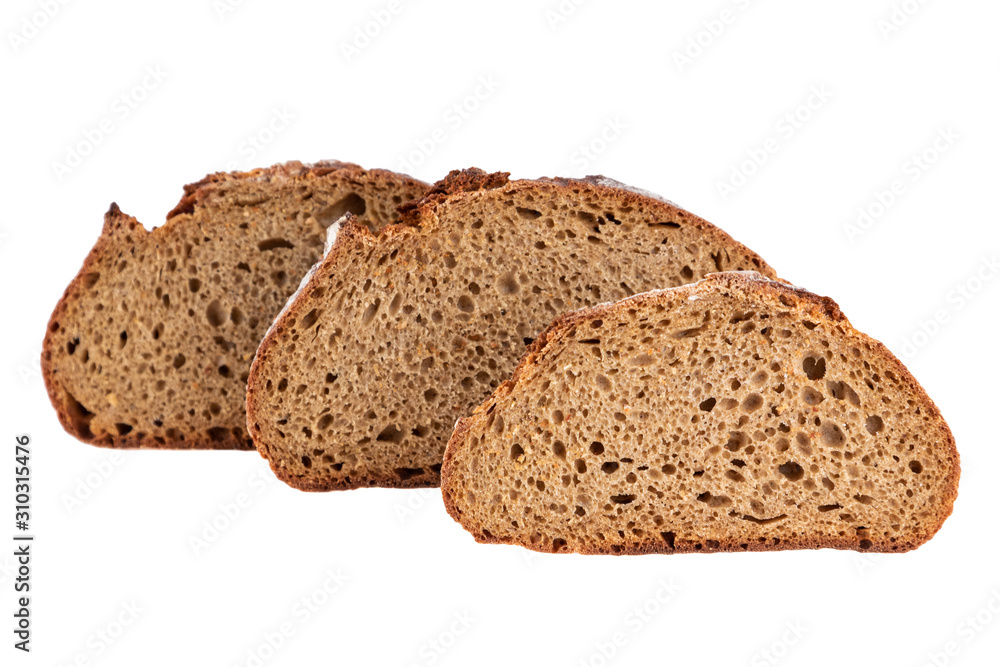 three slices of rye bread in closeup isolated on white three slices of rye bread in closeup isolated on white
