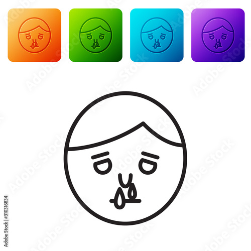 Black line Runny nose icon isolated on white background. Rhinitis symptoms, treatment. Nose and sneezing. Nasal diseases. Set icons in color square buttons. Vector Illustration