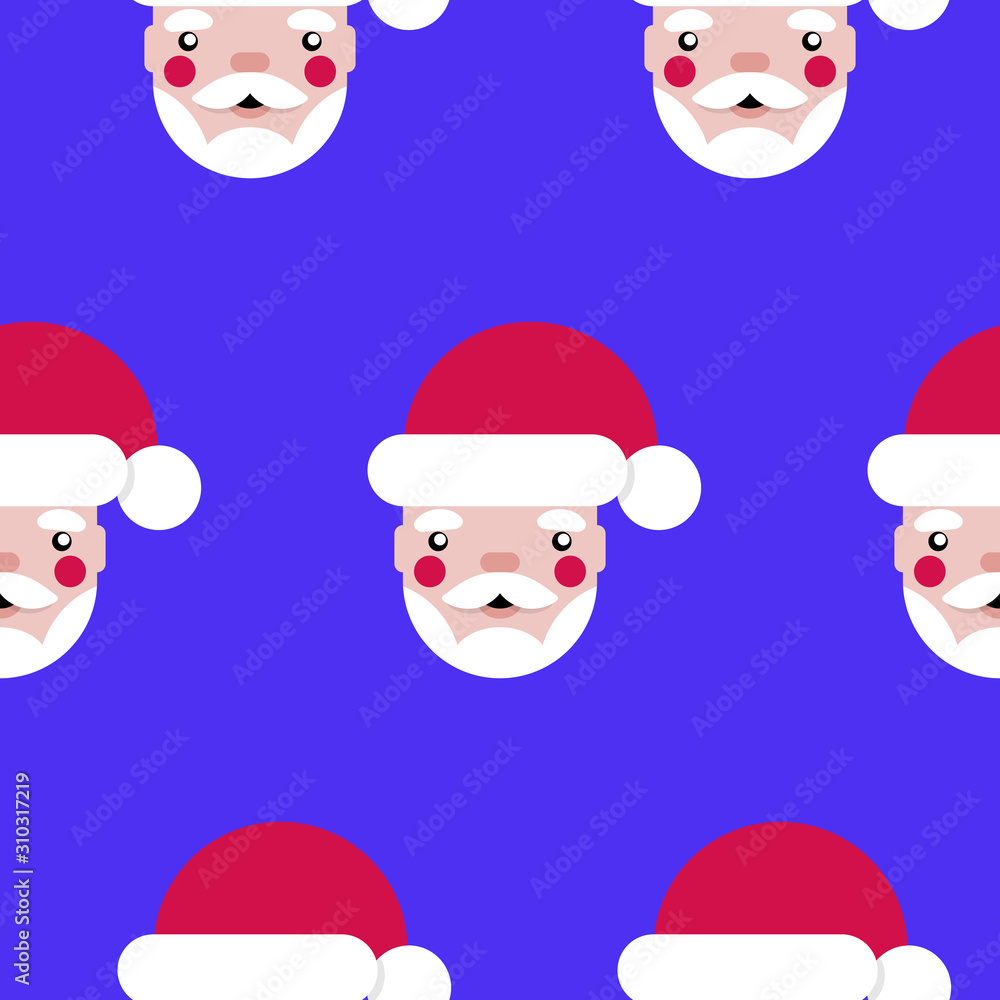 Flat seamless Santa Claus face pattern on a blue background in trendy 2019-2020 bright colors. Cute cartoon character Flat seamless Santa Claus face pattern on a blue background in trendy 2019-2020 bright colors. Cute cartoon character