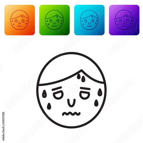 Black line Man with excessive sweating icon isolated on white background. Set icons in color square buttons. Vector Illustration