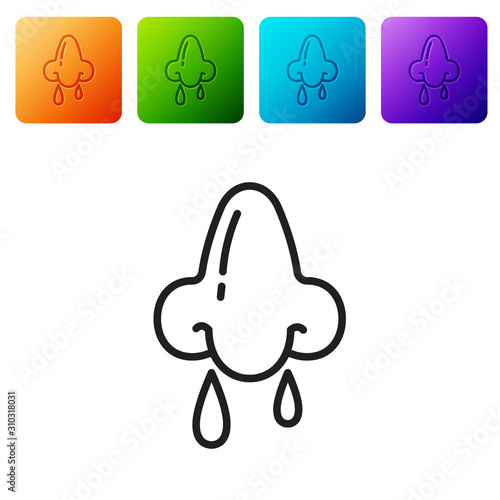 Black line Runny nose icon isolated on white background. Rhinitis symptoms, treatment. Nose and sneezing. Nasal diseases. Set icons in color square buttons. Vector Illustration