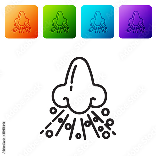 Black line Runny nose icon isolated on white background. Rhinitis symptoms, treatment. Nose and sneezing. Nasal diseases. Set icons in color square buttons. Vector Illustration