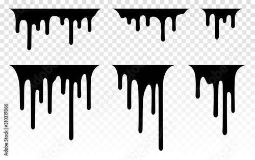 Dripping Paint Set. Dripping liquid. Paint flows. Current paint, stains. Current drops. Vector illustration. Color easy to edit. Transparent background.