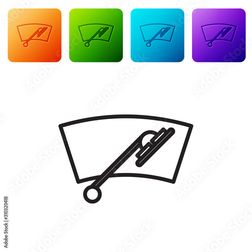Black line Windscreen wiper icon isolated on white background. Set icons in color square buttons. Vector Illustration