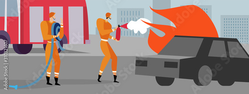 Firefighters are on the mission extinguish the blaze, with a help of fire engine save burning skyscrapers in the city streets. Firefighters service work concept.