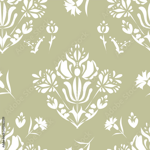 Elegant Damask Floral Vector Seamless Pattern. Decorative Flower Illustration. Abstract Art Deco Background.