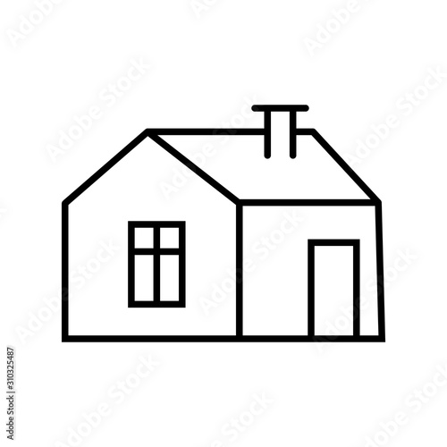 Black and white small simple linear icon of a beautiful festive New Year Christmas little house with a chimney and a sloping roof on a white background. Vector illustration