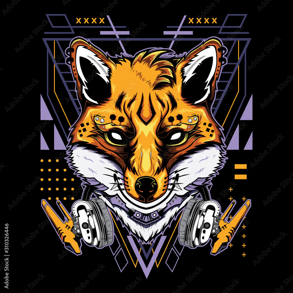 Fototapeta premium Modern kitsune demon fox with headphones techno geometry on black background for t-shirt, sticker, posters. Animal tattoo style