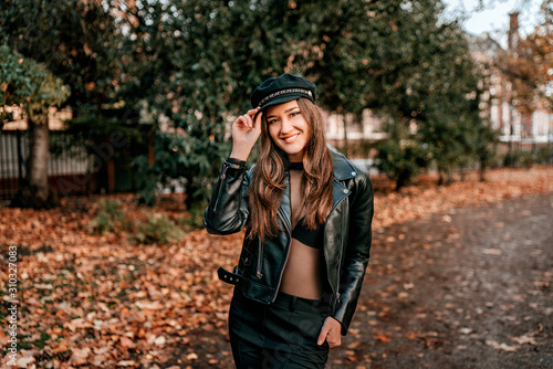 Portrait of Young Brunette Girl with Long Hair, Fashion Street Style