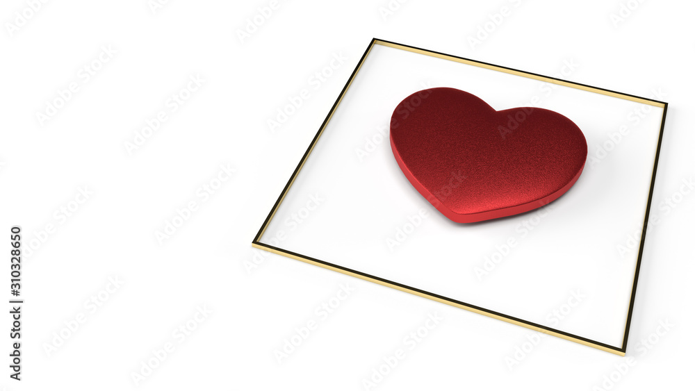 red heart and gold Fram on white background 3d rendering for Valentine's Day content..