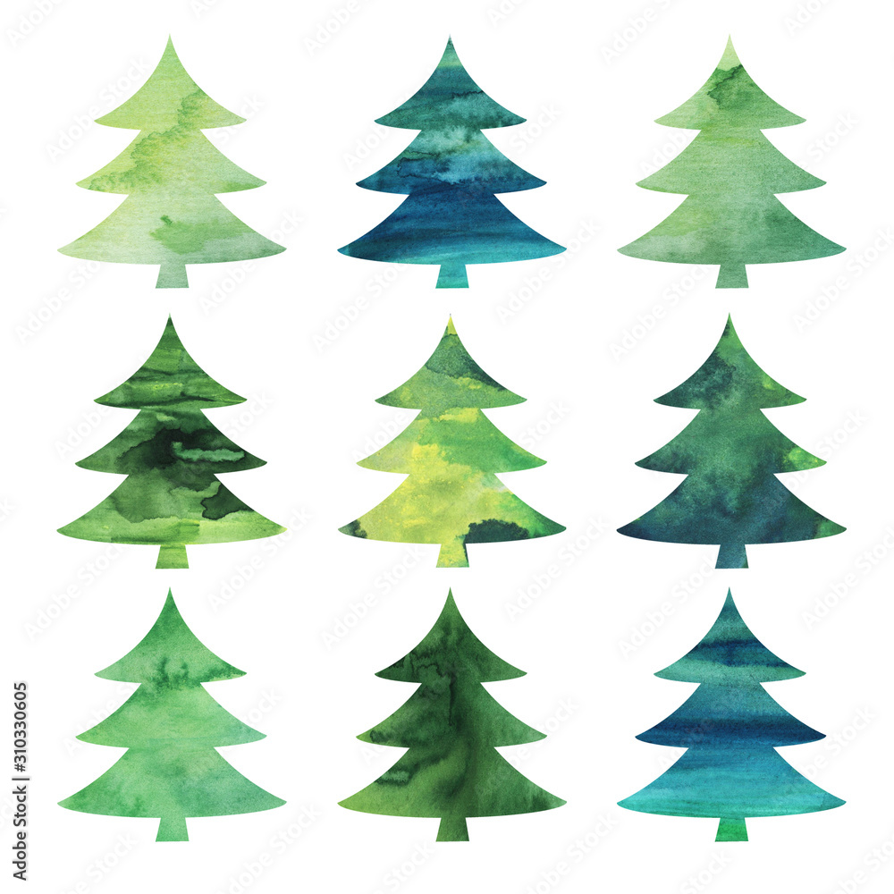  Set of Christmas trees. Watercolor illustration 