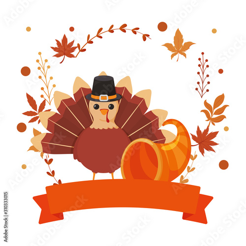 Turkey and plenty horn of thanksgiving day vector design