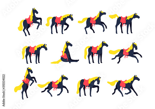 Set of vector horses isolated on white background. Collection of purebred thoroughbred horses in a flat modern style.