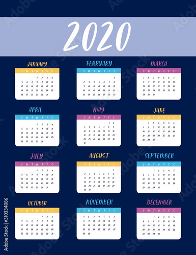 blue and multicolored 2020 calendar planner vector design