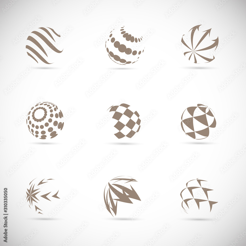 Abstract Globe Logo Set - Isolated On Gray - Vector Illustration. Abstract Globe Vector For Web Icon, Tech Logo And Element Design. 3D Gray Icons For Earth, Global, Globe, Planet And World Logo