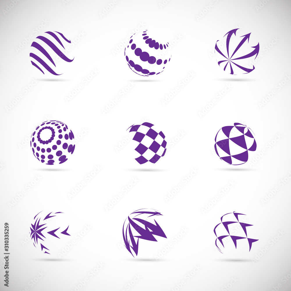 Abstract Globe Logo Set - Isolated On Gray - Vector Illustration. Abstract Globe Vector For Web Icon, Tech Logo And Element Design. 3D Violet Icons For Earth, Global, Globe, Planet And World Logo Abstract Globe Logo Set - Isolated On Gray - Vector Illustration. Abstract Globe Vector For Web Icon, Tech Logo And Element Design. 3D Violet Icons For Earth, Global, Globe, Planet And World Logo
