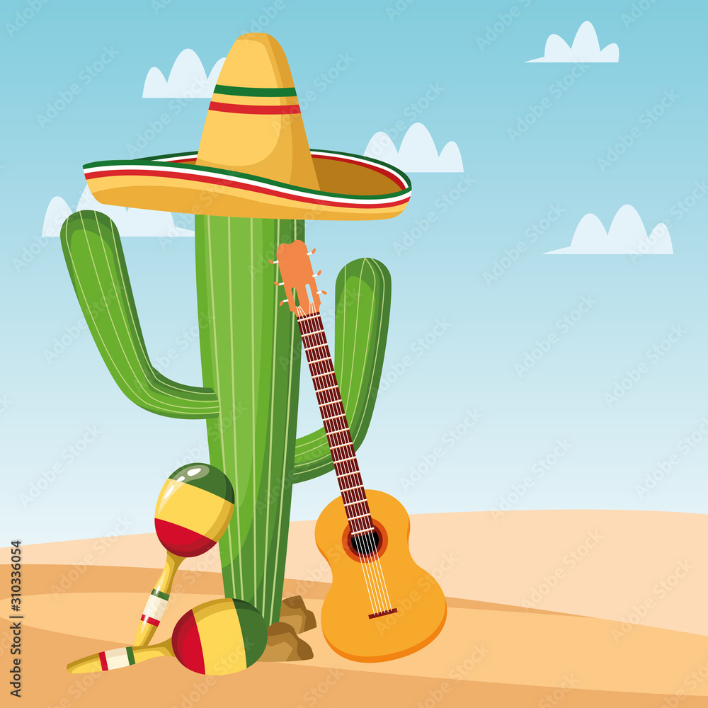 Mexican cactus maracas and guitar vector design