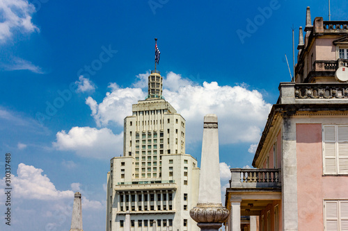 Sao Paulo, Brazil, november 28, 2019: Skyline in downtown Sao Paulo, with Old Banespa (Altino Arantes), Martinelli and Bank of Brazil buildings. photo