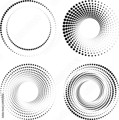 Set of black halftone dots in circle form. Dotted frame. Trendy design element for border frame, logo, sign, symbol, prints, web pages, template, posters and monochrome pattern