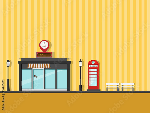 Cafe Street Coffee Shop and red public telephone booths and white chairs. Vector Illustration