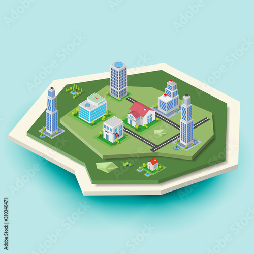 Vector 3d isometric city buildings and landscape Island