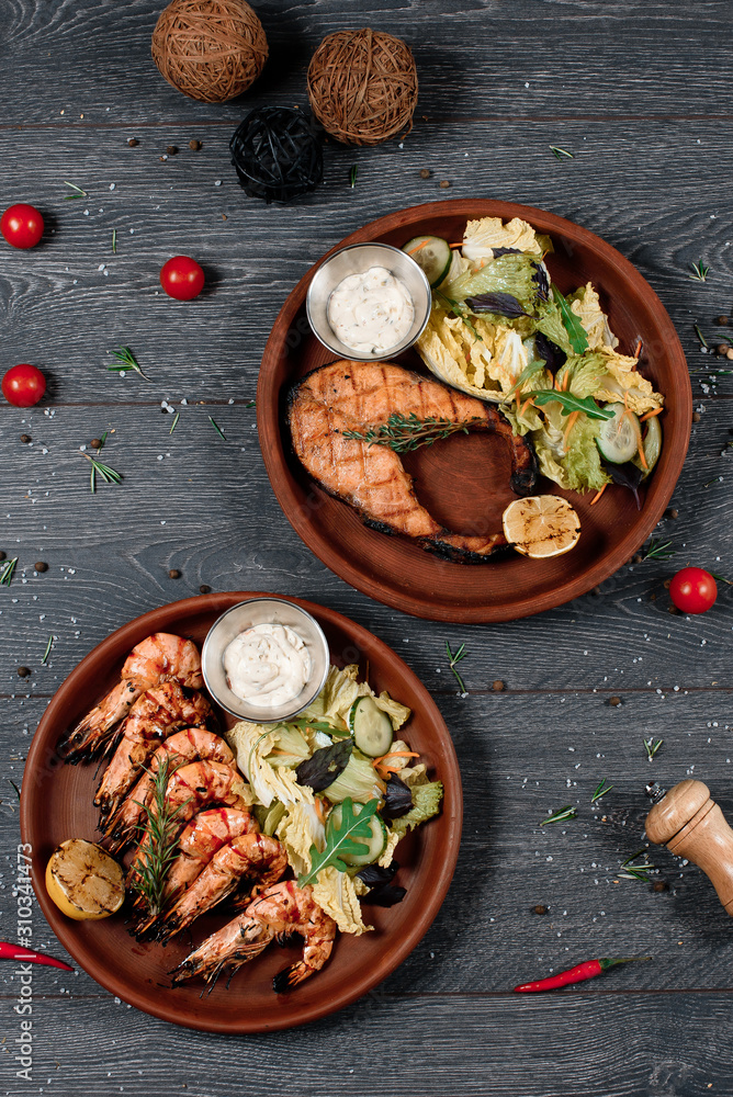 grilled salmon red fish and shrimp set close up food for restaurant menu grilled salmon red fish and shrimp set close up food for restaurant menu