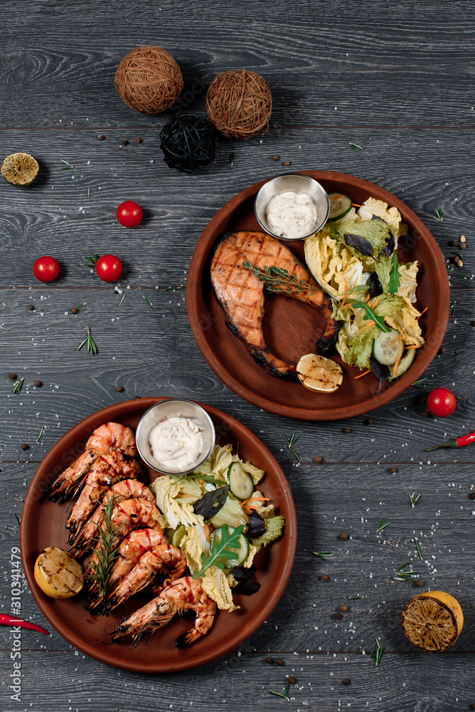 grilled salmon red fish and shrimp set close up food for restaurant menu grilled salmon red fish and shrimp set close up food for restaurant menu