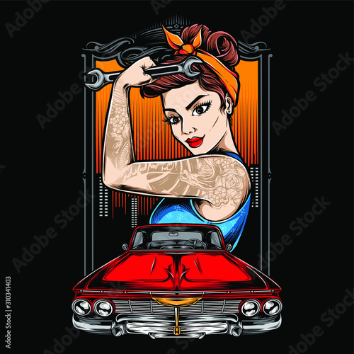 rockabilly girl with lowrider car vector