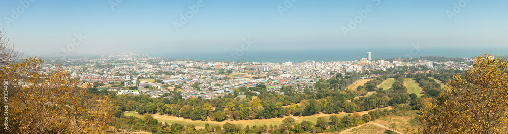 Panorama cityscape image of Huahin city from Khao Hin Lek Fai Viewpoint, Hua Hin, Thailand.