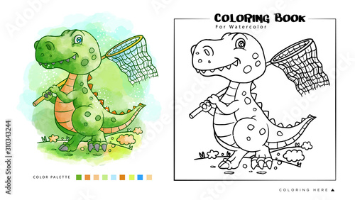 Coloring Book of Cute Dinosaurs Playing on The Garden Watercolor Illustration