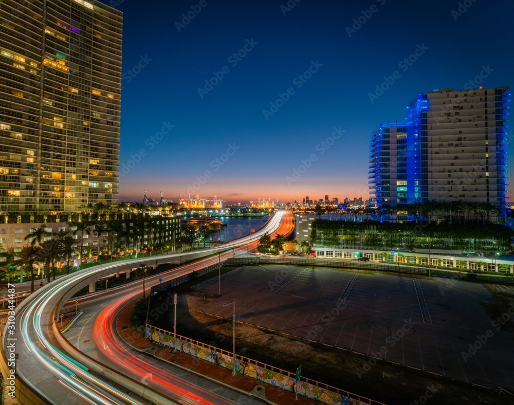 city miami night sunset lighting lights traffic circulation highway building auto dusk