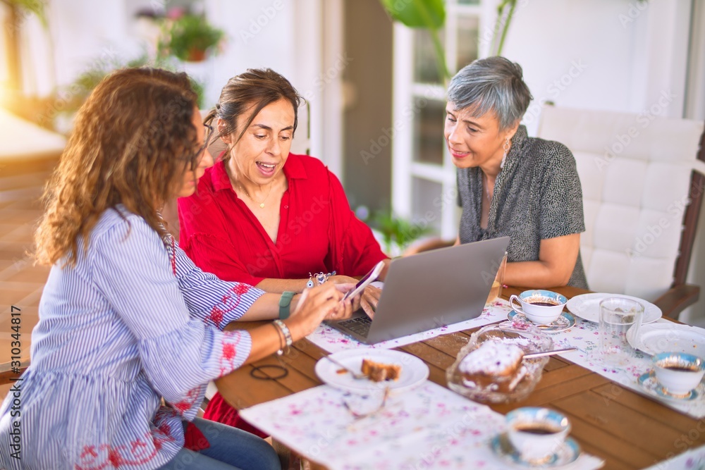 Obraz premium Meeting of middle age women having lunch and drinking coffee. Mature friends smiling happy using laptop at home on a sunny day