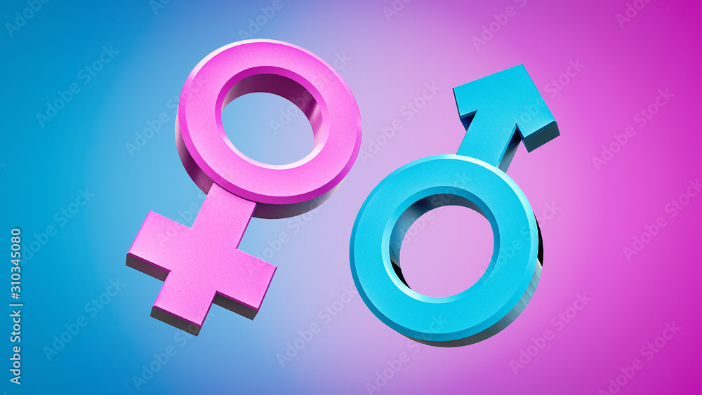 3D rendering images of male and female sex symbols that are equal or live together. Focus on Blue and Pink Color. 3D rendering images of male and female sex symbols that are equal or live together. Focus on Blue and Pink Color.