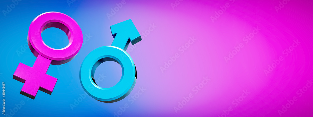 3D rendering images of male and female sex symbols that are equal or live together. Focus on Blue and Pink Color. 3D rendering images of male and female sex symbols that are equal or live together. Focus on Blue and Pink Color.