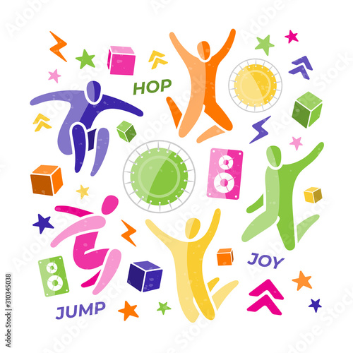 Set of 14 icons: jumping people, top view trampoline, sound speaker, foam rubber 3d cubes, lightning, chevron stripe. Trampoline, amusement park concept. Bounce party decoration. Flat vector EPS 10