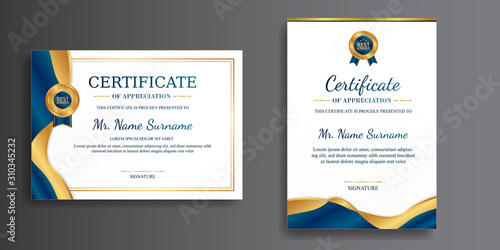 Premium certificate of achievement template, gold and blue color, clean modern design with gold badge