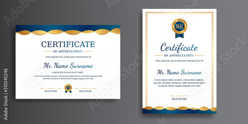 Premium certificate of achievement template, gold and blue color, clean modern design with gold badge