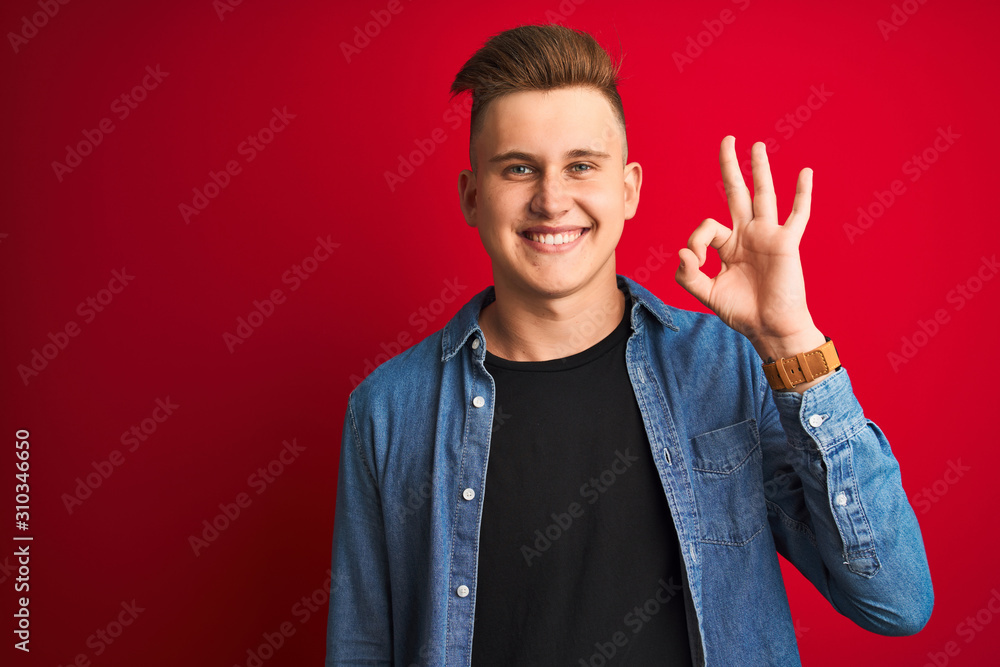 Young handsome man wearing denim shirt standing over isolated red background smiling positive doing ok sign with hand and fingers. Successful expression. Young handsome man wearing denim shirt standing over isolated red background smiling positive doing ok sign with hand and fingers. Successful expression.