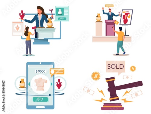 Live and online auction set, vector illustration