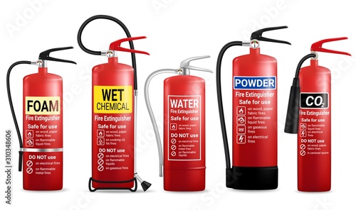 Realistic fire extinguisher set, vector isolated illustration photo