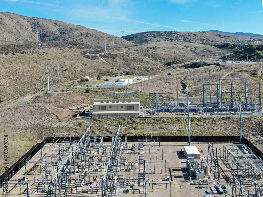 High voltage power electric station with dry mountain background in Chula Vista, California, USA 