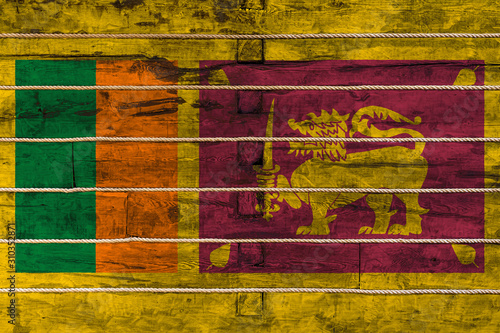 National flag of Sri Lanka on a wooden wall background. The concept of national pride and a symbol of the country. Flags painted on a wooden fence with a rope