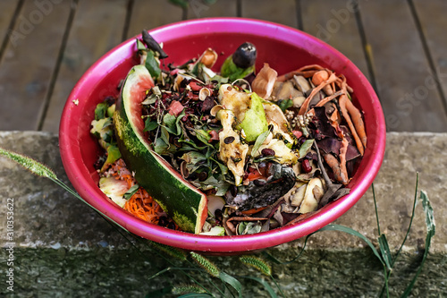 Photography Kitchen waste collected in composting bin for recycling and organic fertilizer