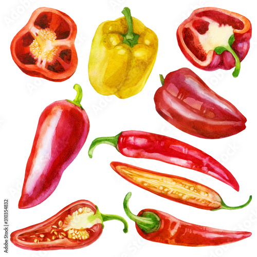 Watercolor illustration, set. Yellow and red bell pepper. Half a bell pepper. Red hot pepper. Half chili pepper.