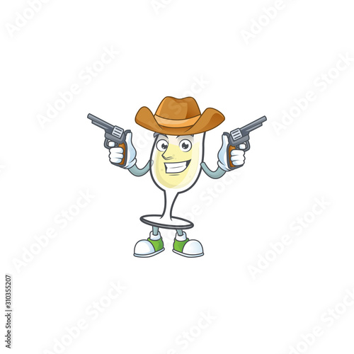 Smiling champagne glass mascot icon as a Cowboy holding guns
