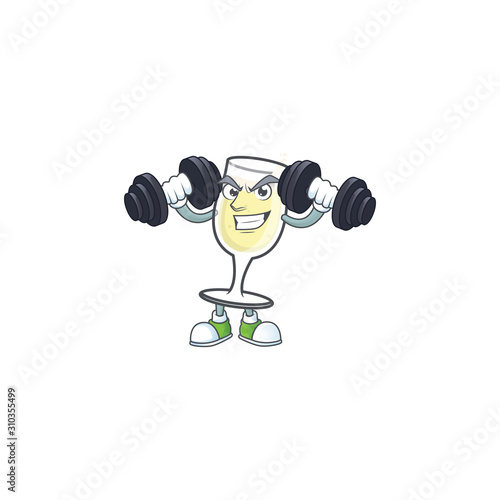 Fitness exercise champagne glass mascot icon with barbells