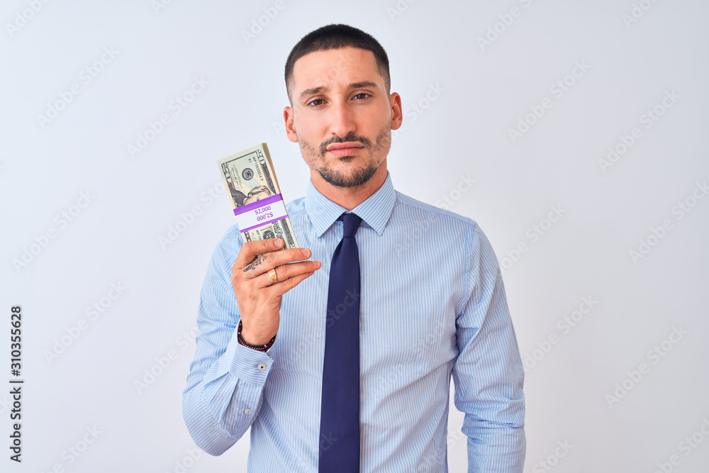 Young handsome business man holding a bunch of dollars bank notes over isolated background with a confident expression on smart face thinking serious Young handsome business man holding a bunch of dollars bank notes over isolated background with a confident expression on smart face thinking serious